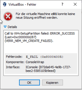 Virtualbox-Fehler: WHvSetupPartition failed - Kosilovs Blog